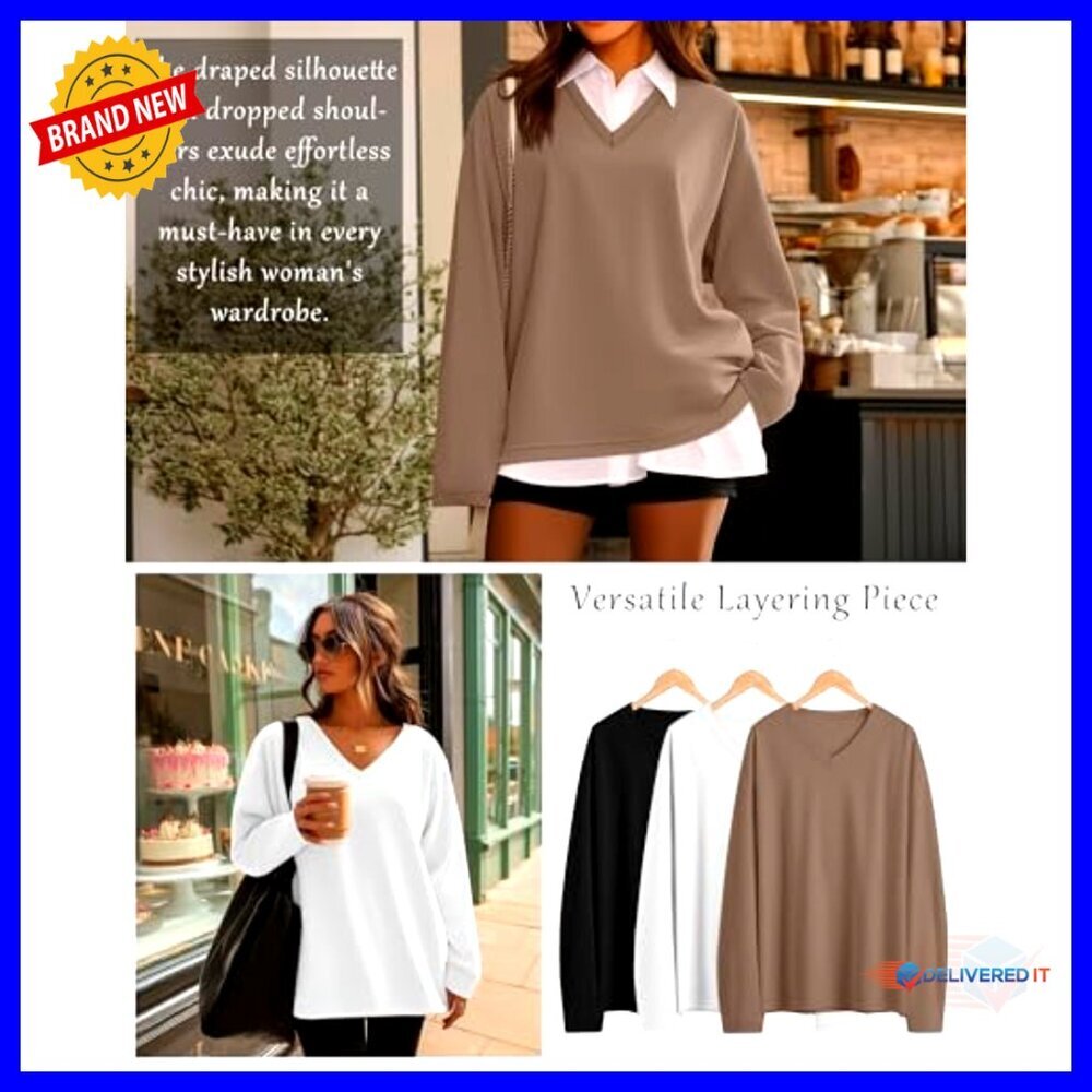 3 Pack Women's Oversized Long Sleeve V-Neck Cotton T-Shirts Loose Fit - Picture 4 of 7